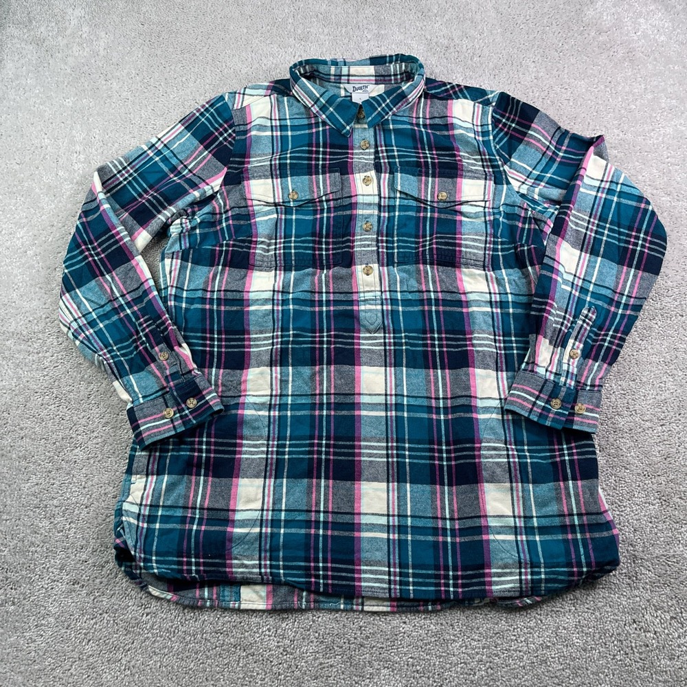 Duluth Shirt Womens Large Blue Pink Plaid Free Swingin Flannel Tunic‎ Workwear